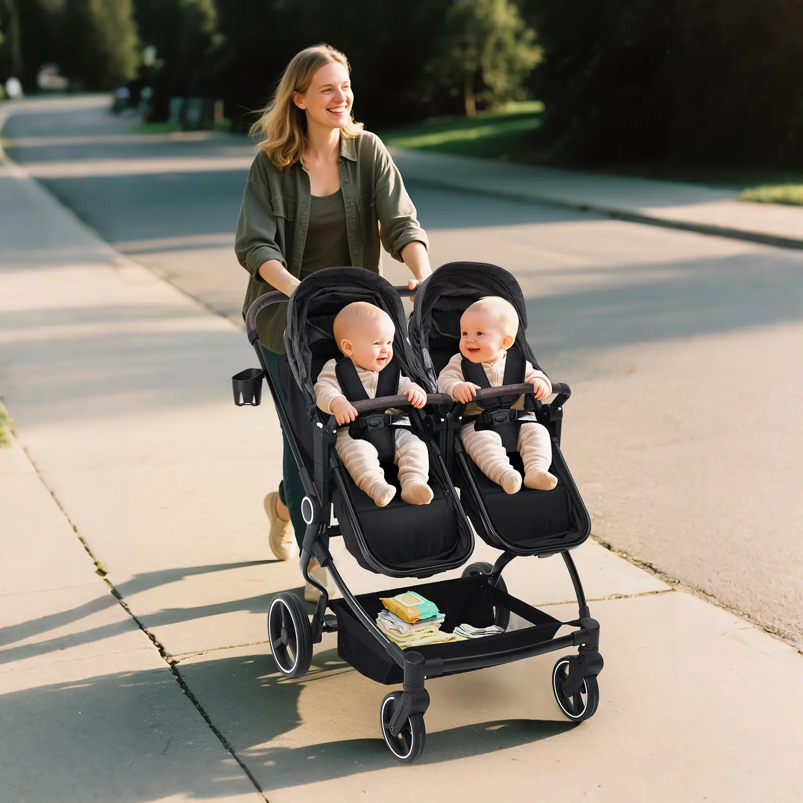 Double Stroller for Newborn and Toddler, Side by Side Double Stroller for Infants & Toddlers, Compact Foldable Travel Stroller with High View Seat, Adjustable Canopy & Recline, One-Hand Fold, Dark Grey ﻿