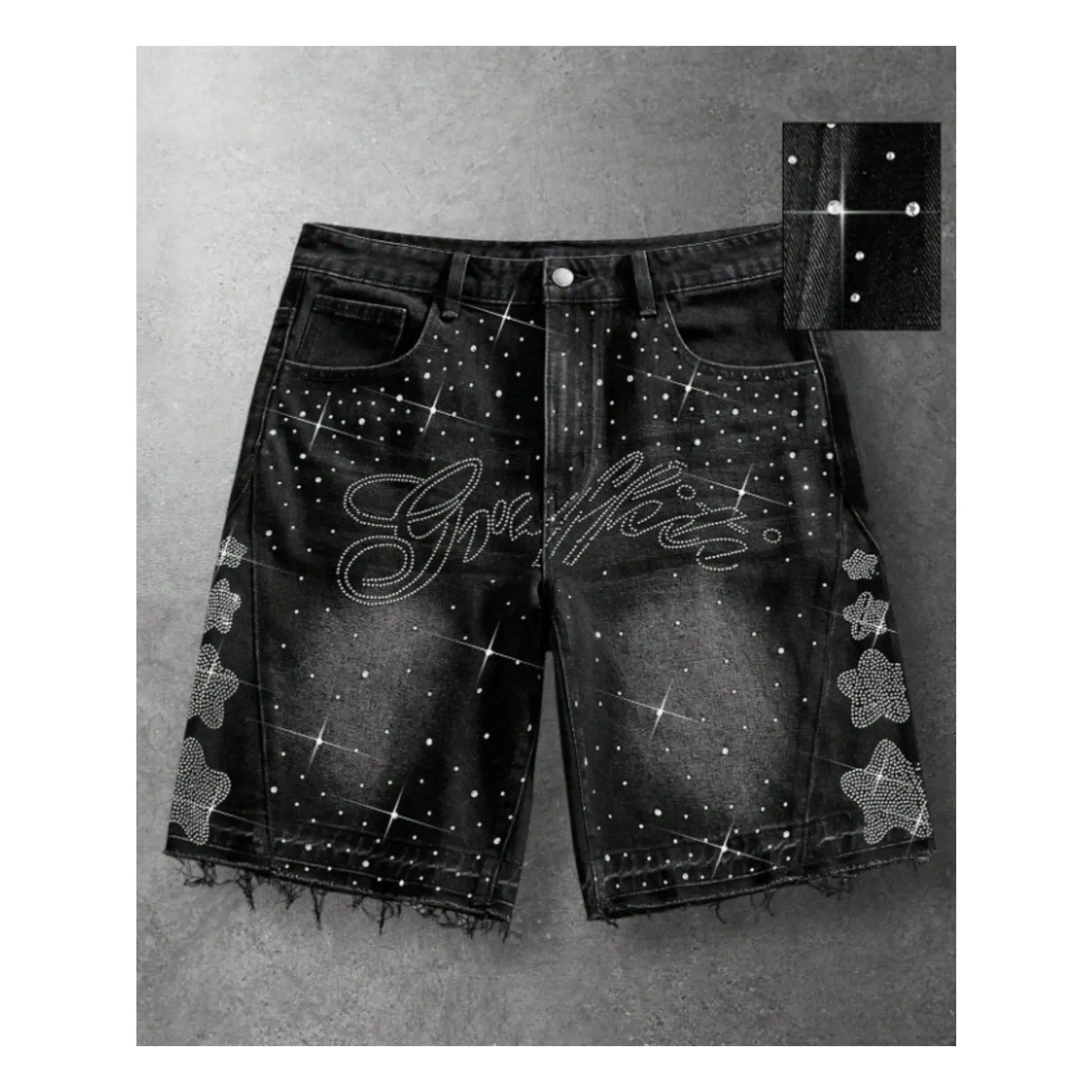1 pair of loose knee length rhinestone denim shorts for men, black water washed star letter pattern trendy street five quarter shorts