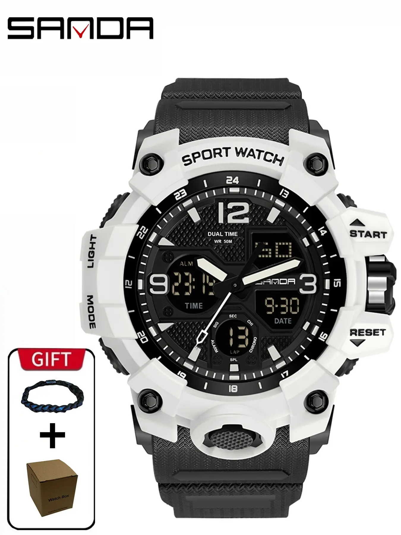 1set Sanda 6030 Men's Outdoor Sports Watch, 50m Waterproof Dual Display, Waterproof Watches, Night Light Tactical Wristwatch, Analog-Digital, Quartz Movement