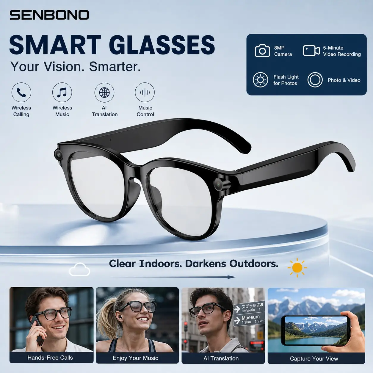 SENBONO AI Smart Glasses with 8MP Clear Photo & Video, Voice Recording and LED Fill Light, AI Assistant, Translation and Object Recognition, Bluetooth Calling, Fast Charging