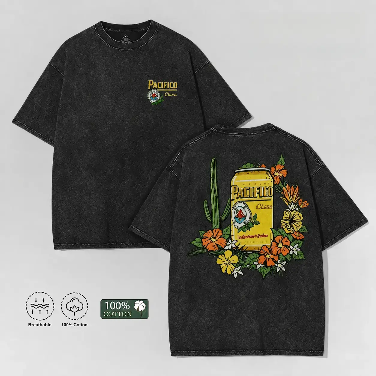 Vintage Washed Black Pacifico Beer Graphic T‑Shirt Men Women Retro Cactus Floral Print Double Sided Print Casual Loose Fit 100% Cotton Short Sleeve Tee For Beer Enthusiasts Streetwear Top