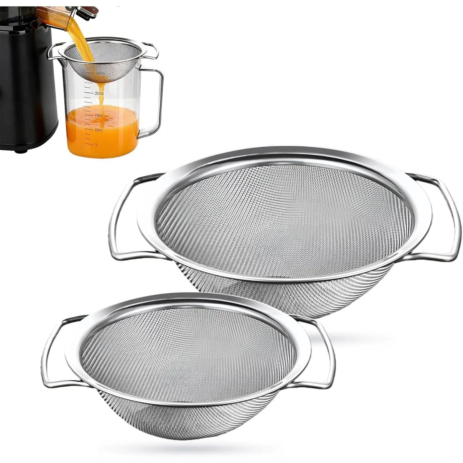 2PCS Juice Strainer for Nama J2/Ninja Cold Press Juicer,Juice Strainer After Juicing, 304 Stainless Steel Dual Handles Fine Mesh Pulp juicer strainer (4.9in & 6.3in)