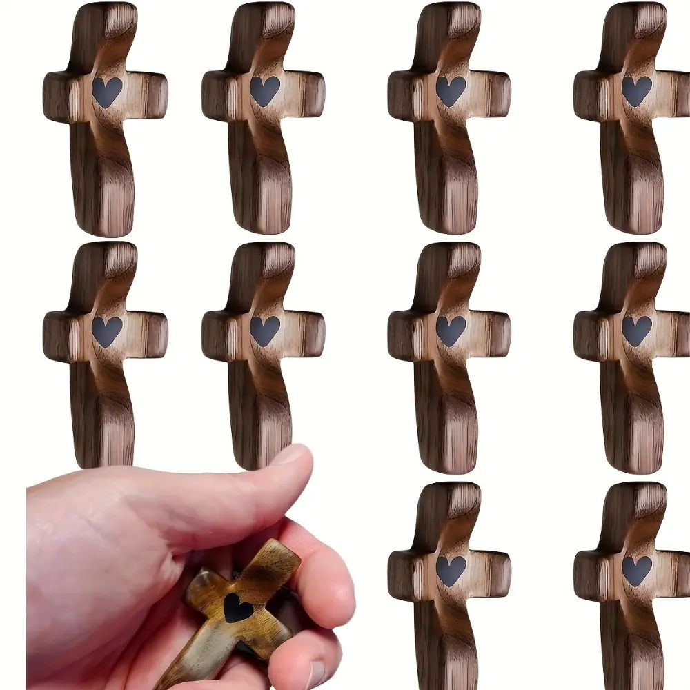 10pcs Handcrafted Vintage Wooden Cross with Heart Detail Smooth Pocket Cross for Prayer, Comfort Anxiety Relief Decorative Christian Gift for Home Or Travel Religious Decorations