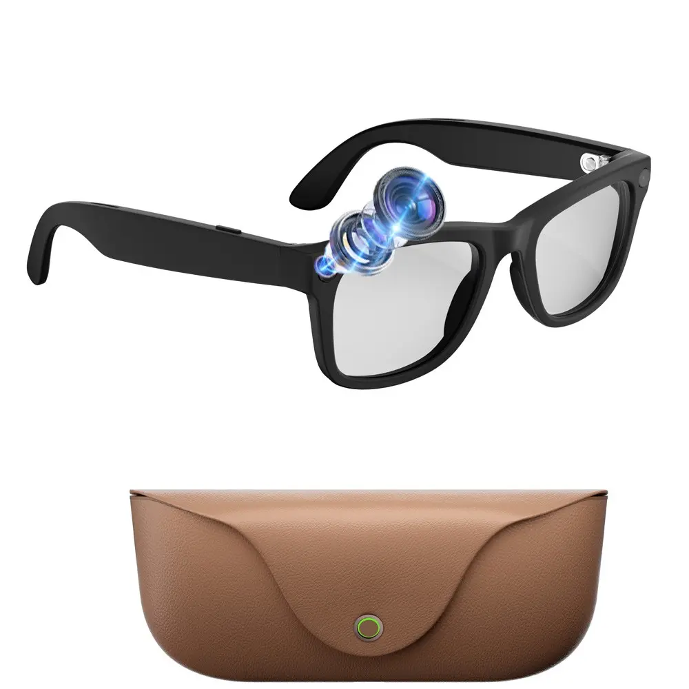 AI Smart Glasses for Video, 8MP Camera, TR90 Frame，Leather Charging Case, 2GB Memory Build-in, Anti-Shake Video Recording, 300Mah Battery, IP65 Waterproof, AI Translation, Bluetooth Calling, Listen Music ,WiFi Transfer