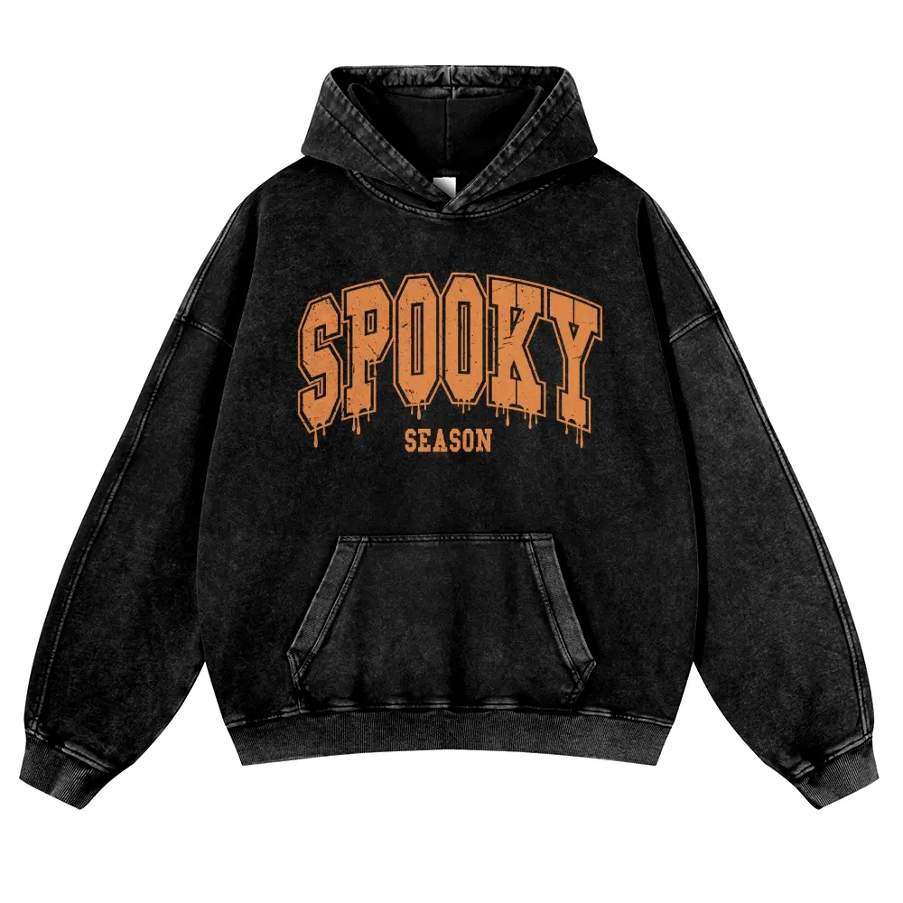 Menswear Hoodie - Unisex 380g Vintage Washed DTG Print Tops, Soft Longsleeves, Spring Fall Halloween Aesthetic, Orange Drip Texture, Spooky Season Varsity Letter Front Print, Casual Oversize Pullover, Jeans-Coordinating Durable Thick Fabric, Fit