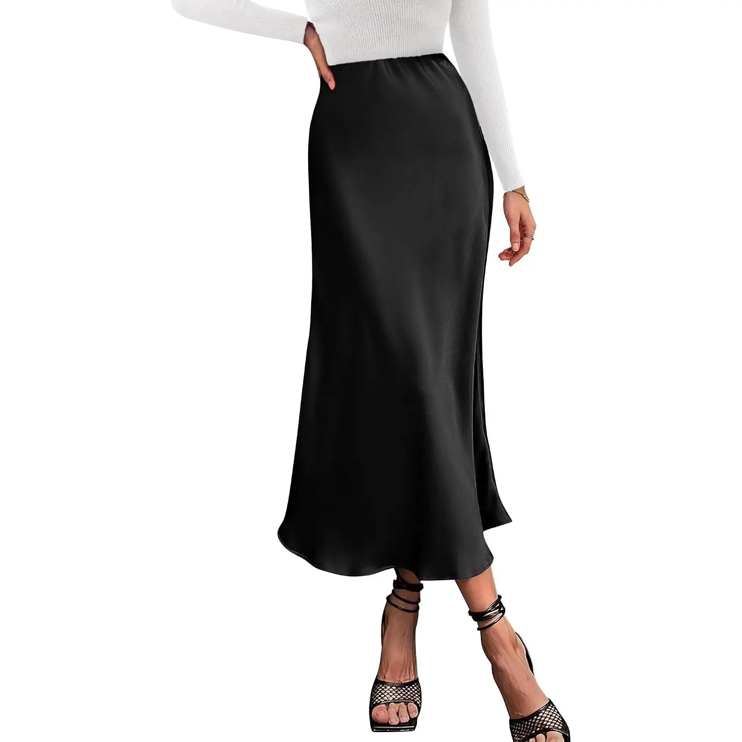 Women Ladies Soft Satin A-Line Cut Midi Length High-Waist Flowy 2026 Summer Party Wear Skirt, Elegant Cocktail Wedding Attire (Gift)