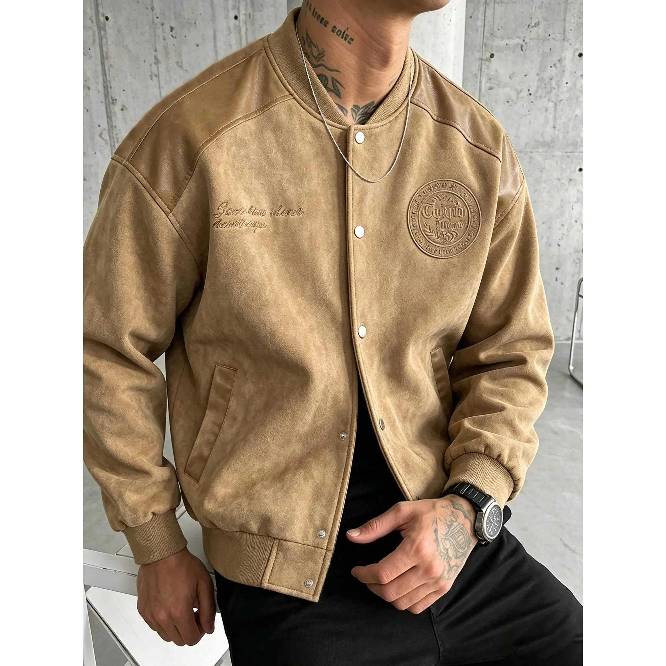Soft faux suede baseball bomber jacket with leather raglan panels, embossed circular badge and script embroidery, ribbed trim relaxed box fit vintage outerwear staple for timeless streetwear mensfashion daily outfits