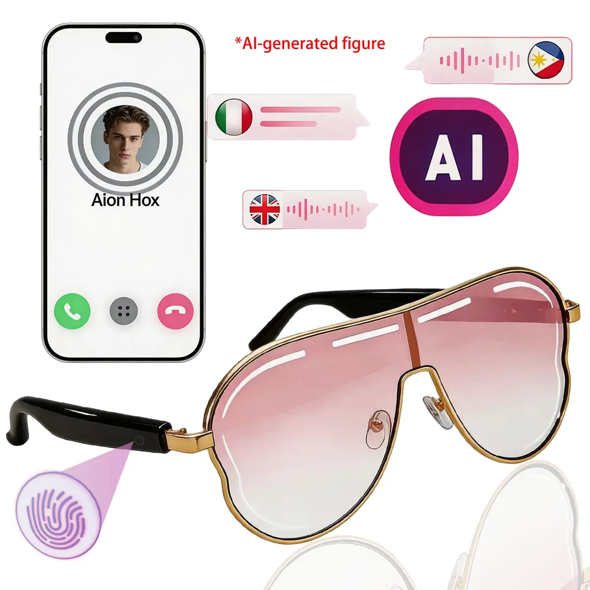 2026 AI Smart Bluetooth Pink Glasses, Splash Resistant Wireless Audio Sunglasses, Open Ear Headphones with Mic, UV Protection for Driving Sports Hands Free Calls, Women Gift Sunglasses