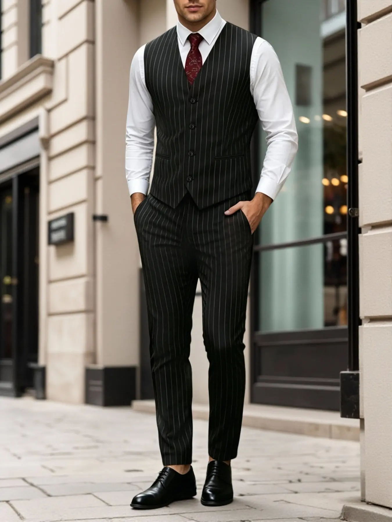 Men's Pinstripe Waistcoat and Trousers Set Business Formalwear