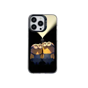 Adorable Minions cartoon design, silver phone case, compatible with iPhone 12, 13, 14, 15, 16, and 17. Matte finish.