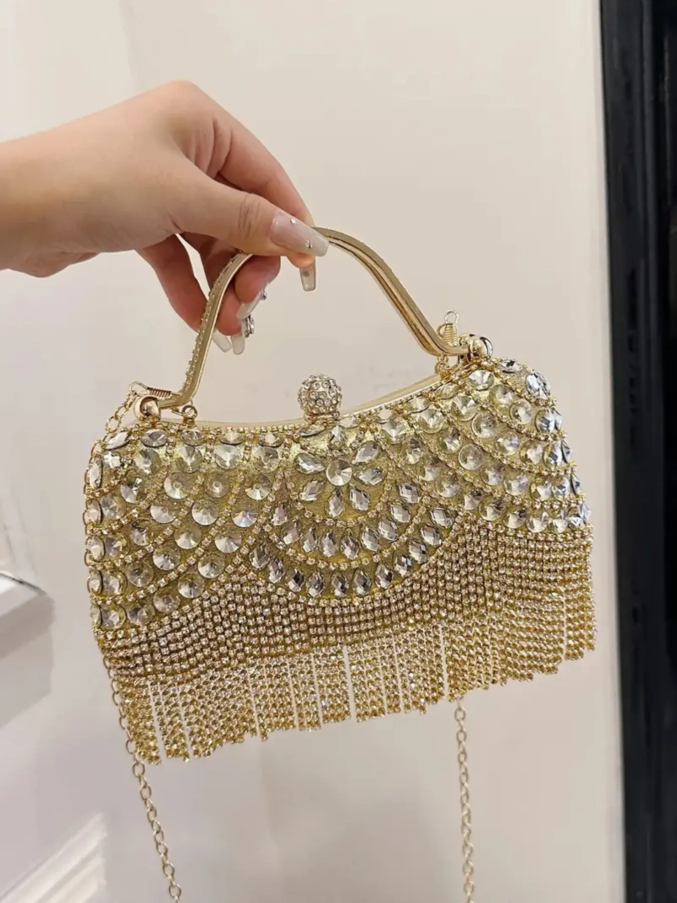 Sparkling Crystal Fringe Evening Handbag, Rhinestone Kiss Lock Clutch Purse, Multi Way Shoulder Crossbody Bag for Women Prom Banquet