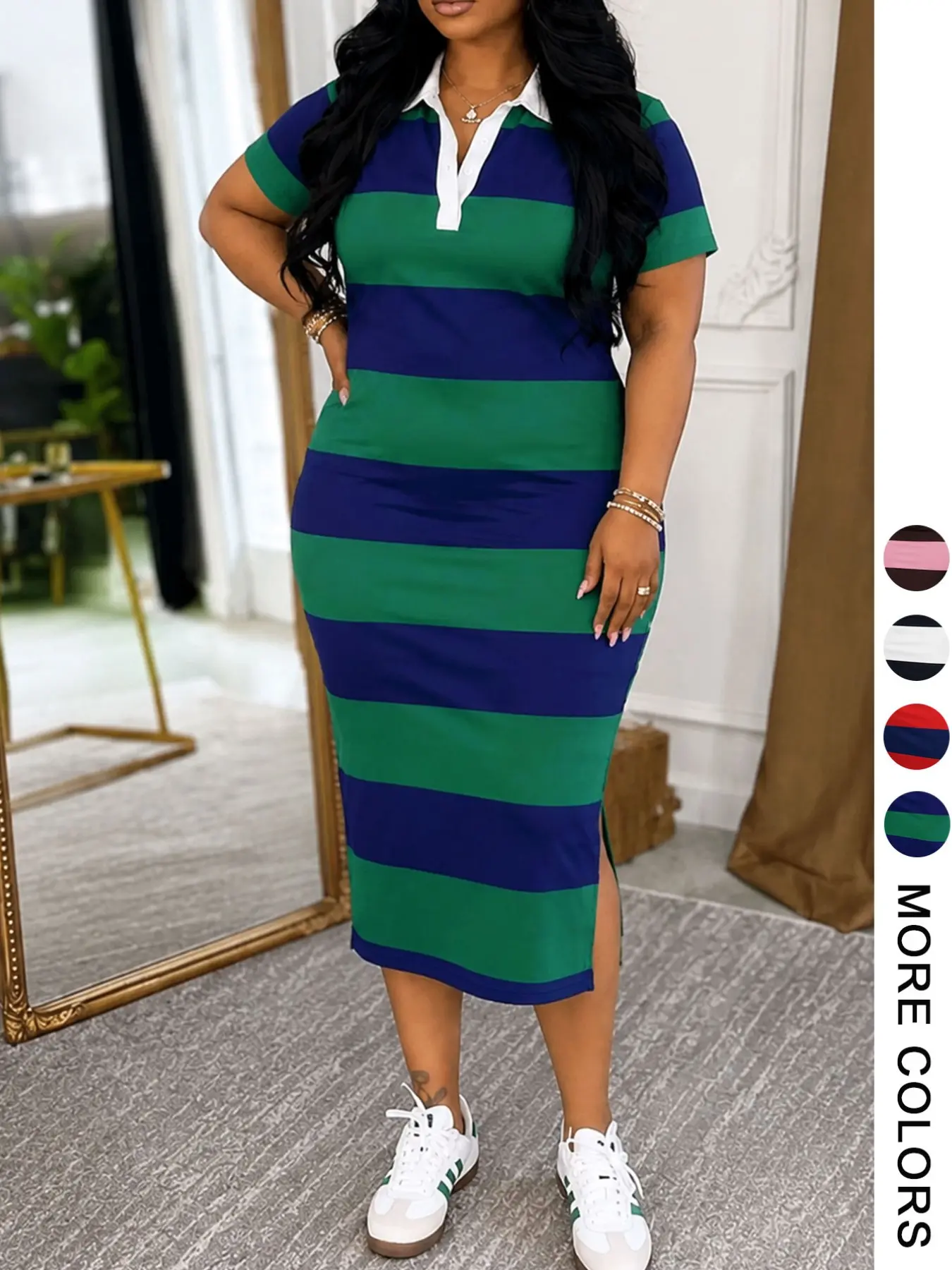 Plus Size Women's Striped Polo Neck Bodycon Dress, Casual Slim-Fit Short Sleeve Side Slit Midi Dress for Daily Wear
