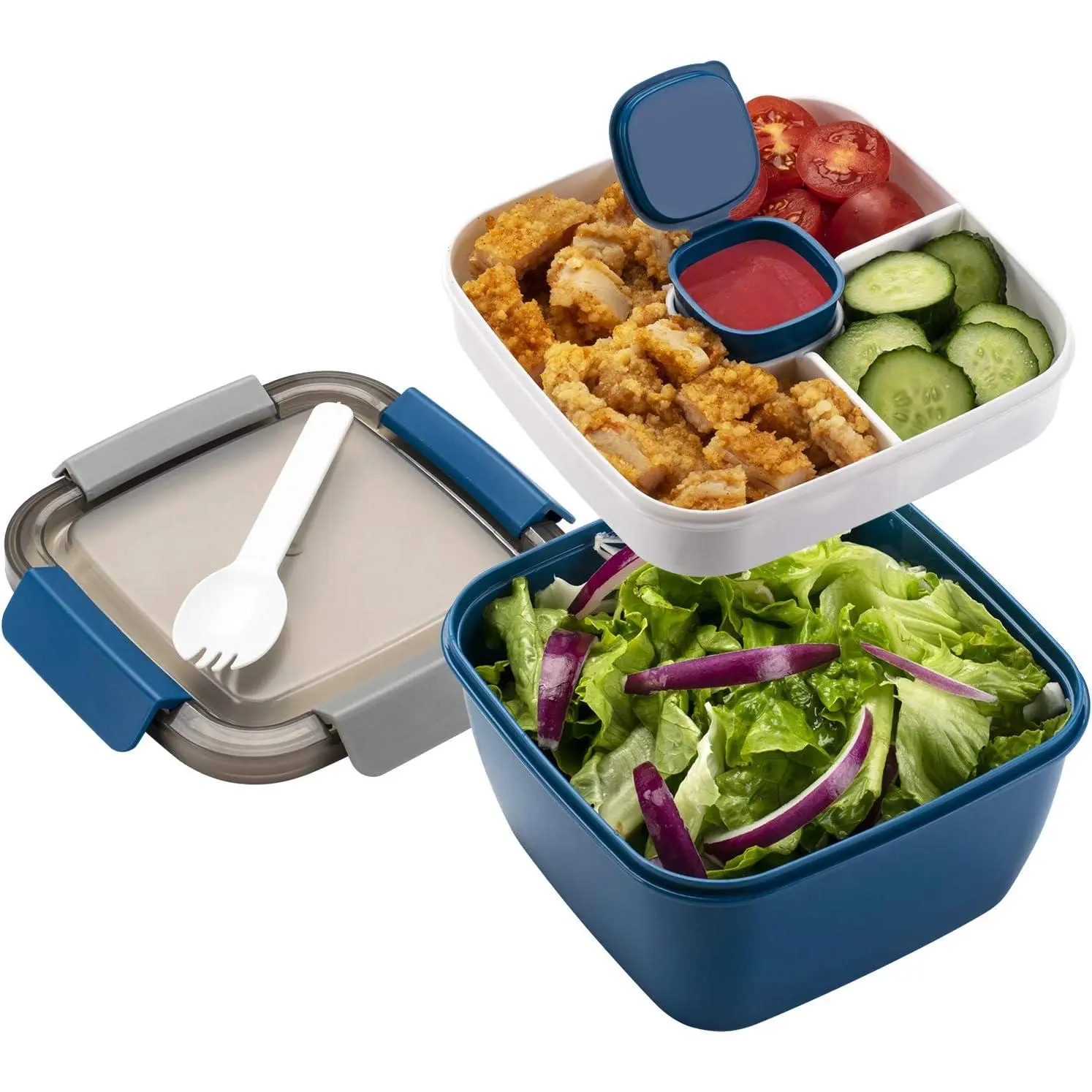 Salad Lunch Container To Go,  52-oz Salad Bowls to go for lunch | Salad containers for lunch with 3 Compartments, Salad Dressings Container for Salad Toppings, Snacks, Men, Women (Blue)