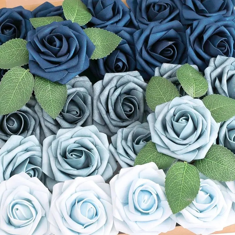 50pcs Gradient Rose Set, DIY Multi-Tone Blue Artificial Roses, 50pcs Foam Roses with Stems+ 8 Green Leaves, Perfect for Wedding, Party Table Centerpieces, Home& Office Decor, Anniversary Gifts, No Maintenance Required