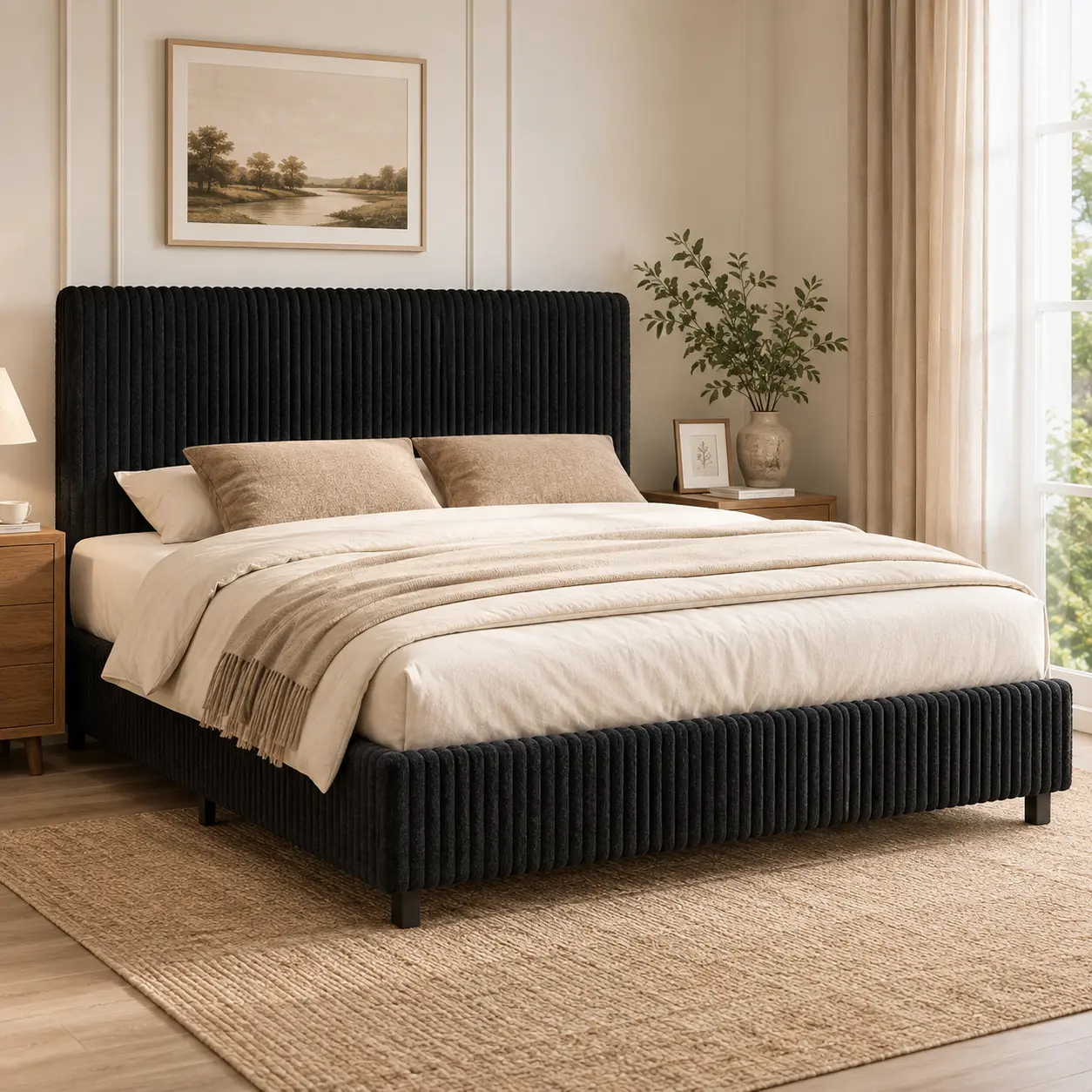 Single oversized/standard full-size/large/extra-large upholstered bed frame matched with a precisely fitted 3.5-inch thickened headboard; the fully wrapped padded panel bed features a metal slat bed base, eliminating the need for an additional spring matt