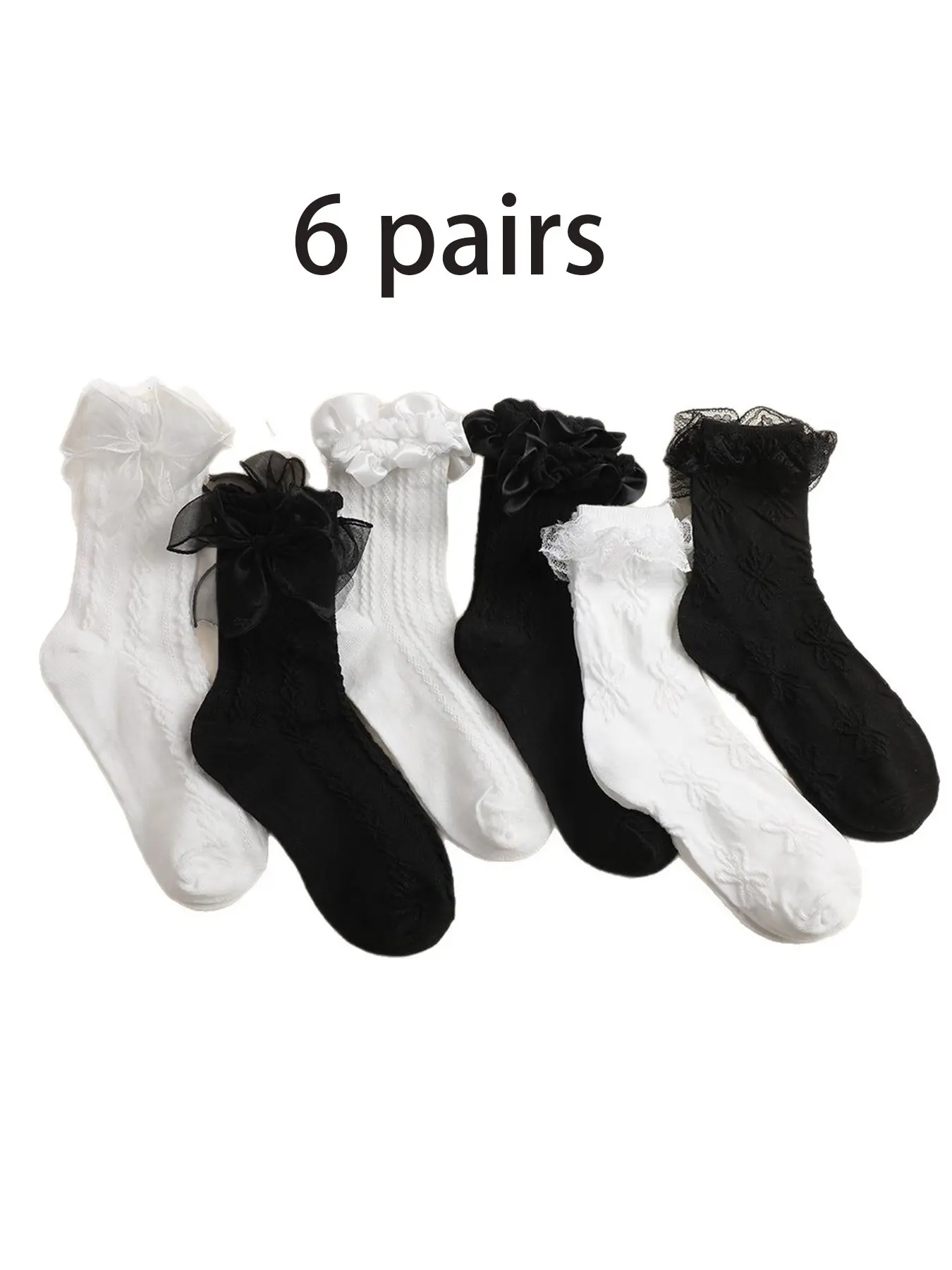 Women's Jacquard Contrast Lace Ruffle Trim Crew Socks, Cute Fashion Casual Bow Decor Socks for Daily Outdoor Wear, Ladies Socks for All Seasons, Casual Knit Socks