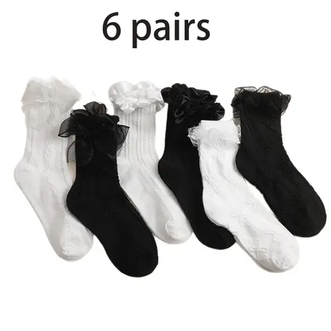 Women's Jacquard Contrast Lace Ruffle Trim Crew Socks, Cute Fashion Casual Bow Decor Socks for Daily Outdoor Wear, Ladies Socks for All Seasons, Casual Knit Socks, Socks With Ruffles