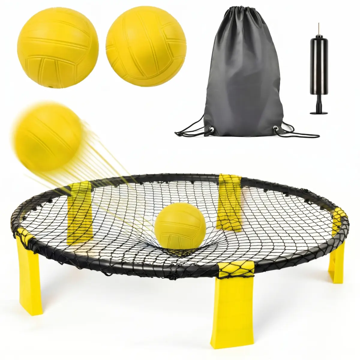 36-Inch Portable Roundnet Game Set with Net and 2 Balls, Complete Outdoor Beach Game Kit with Carry Bag and Accessories, Family Party Game for Backyard Lawn Park Camping and Gatherings, Yellow