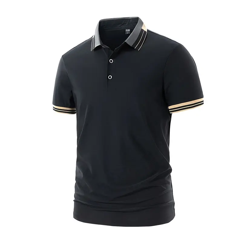Men's Classic Polo Shirt with Striped Collar & Cuff Trim, Short Sleeve Casual Top with 2-Button Placket for Business & Golf, Menswear, Shortsleeve, Nylon, Rib, Chic, Cold Wash, Athletic, Normal Type, Outdoors, Outdoor, Ribbed, Button Front