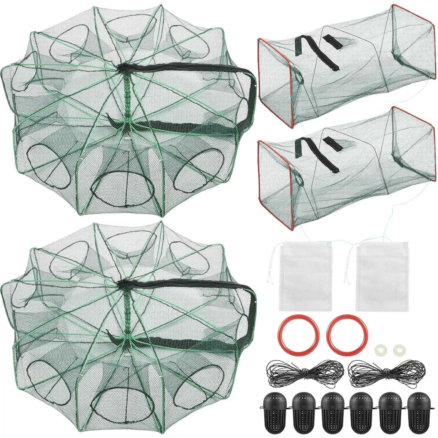 2PCS Fishing Bait Trap Crab Net 10 Holes and 2 PCS Square Crab Crawfish Trap Fishing Trap for Minnow Crawfish Shrimp Crawdad with Rope Large Fishing Net for Bait Fish