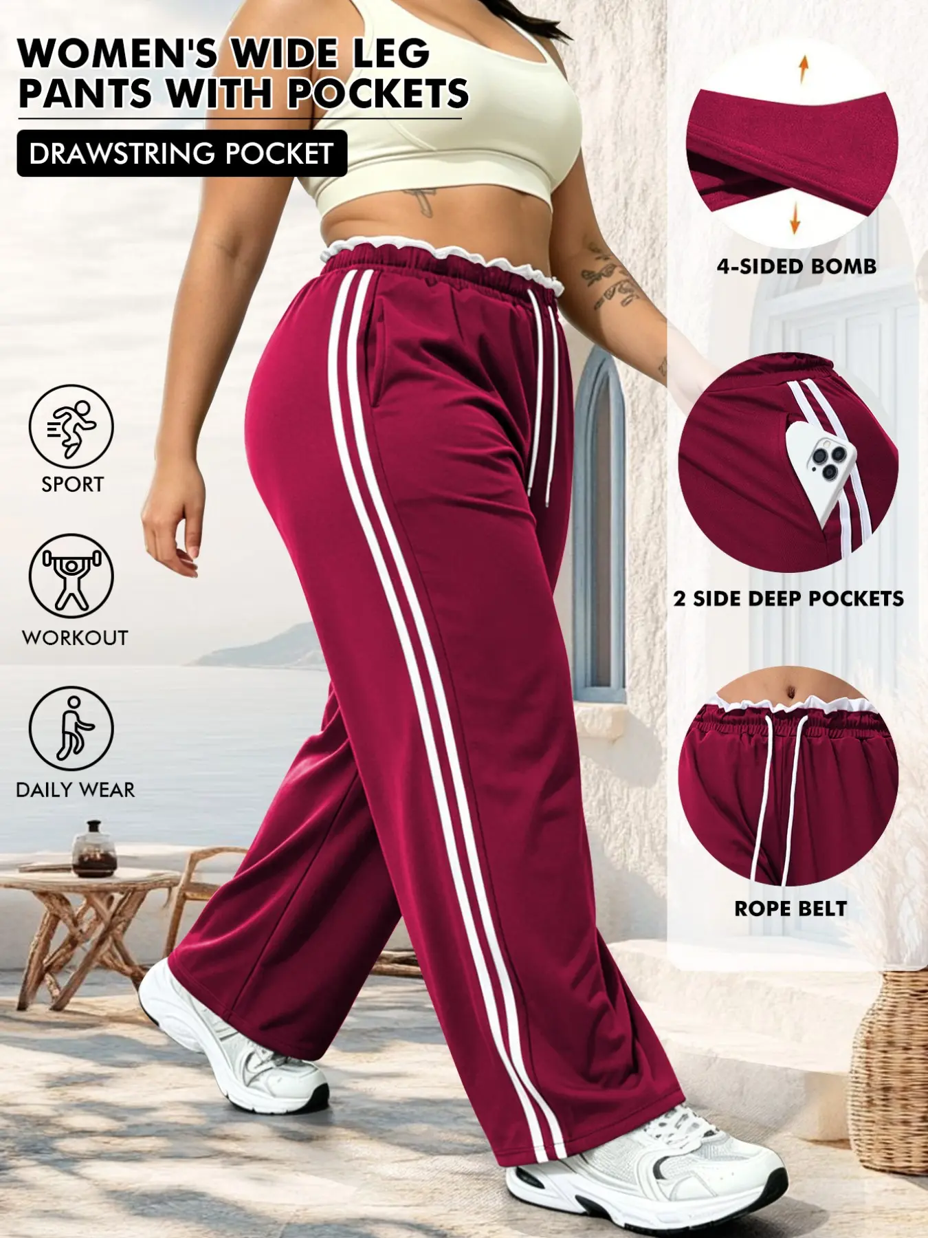 Plus Size Women's Striped Wide Leg Casual Sportswear Pants, Casual Sporty Pants, Elastic Waist with Drawstring, Deep Pockets, Four-Way Stretch, Athleisure Pants Juneteenth2026 PlusSizefashion 0XLto5XL PlusSizeOOTD
