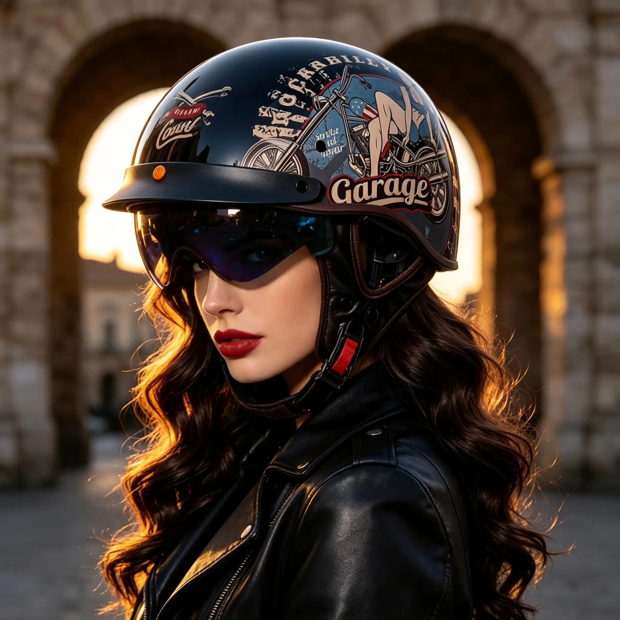 Vintage American Influence Cycling Helmet, Retro Garage Girl Design Half Helmet, Includes Coconut Flower Headscarf, Stylish and Comfortable, Wearable Helmet