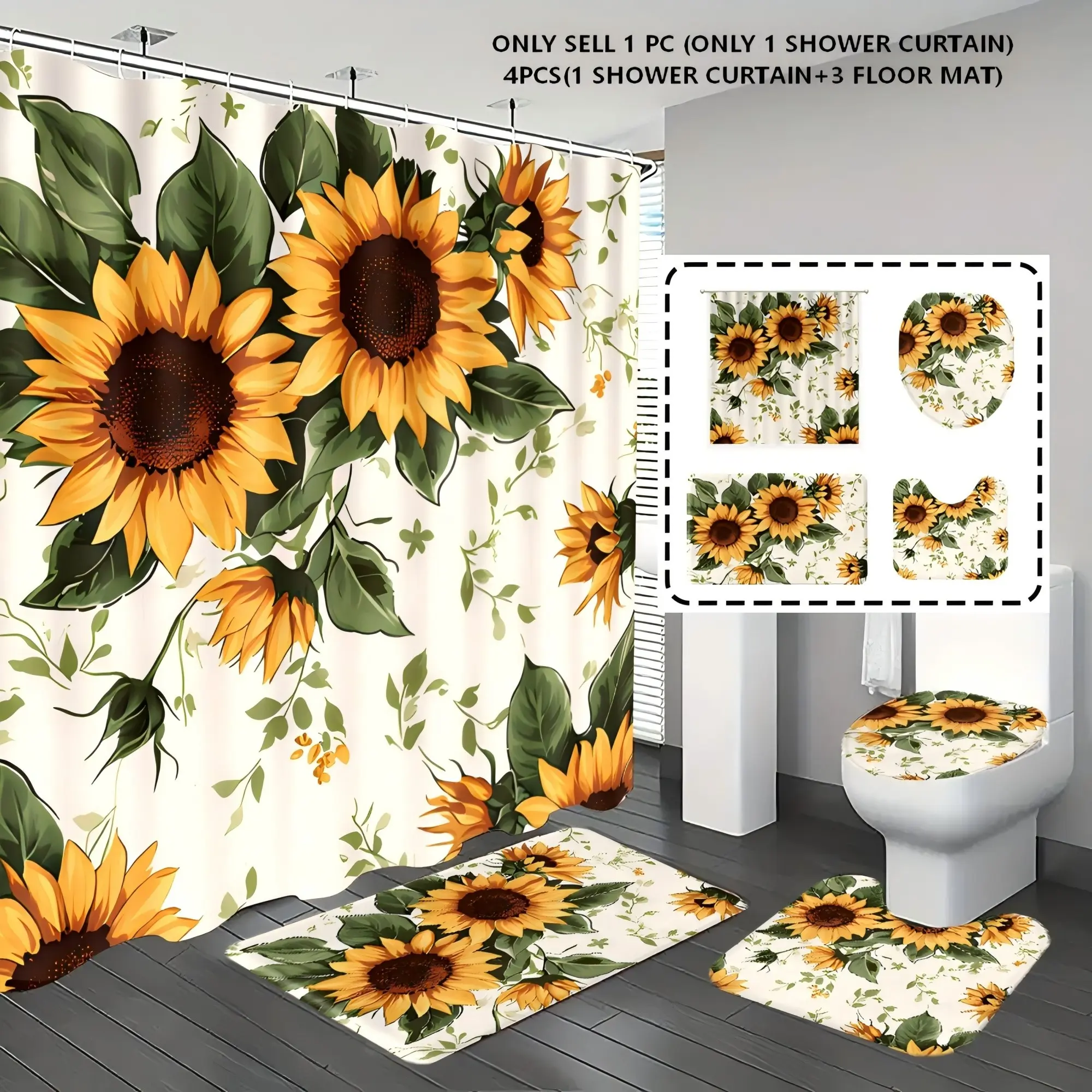 1pc/4pcs, bathroom curtains shower, bathroom set, shower curtain set, shower curtains, Boho Shower Curtains For Bathroom, Floral shower curtain, bathroom decor, bathroom rug, sunflower pattern, bathroom set with 12 hooks