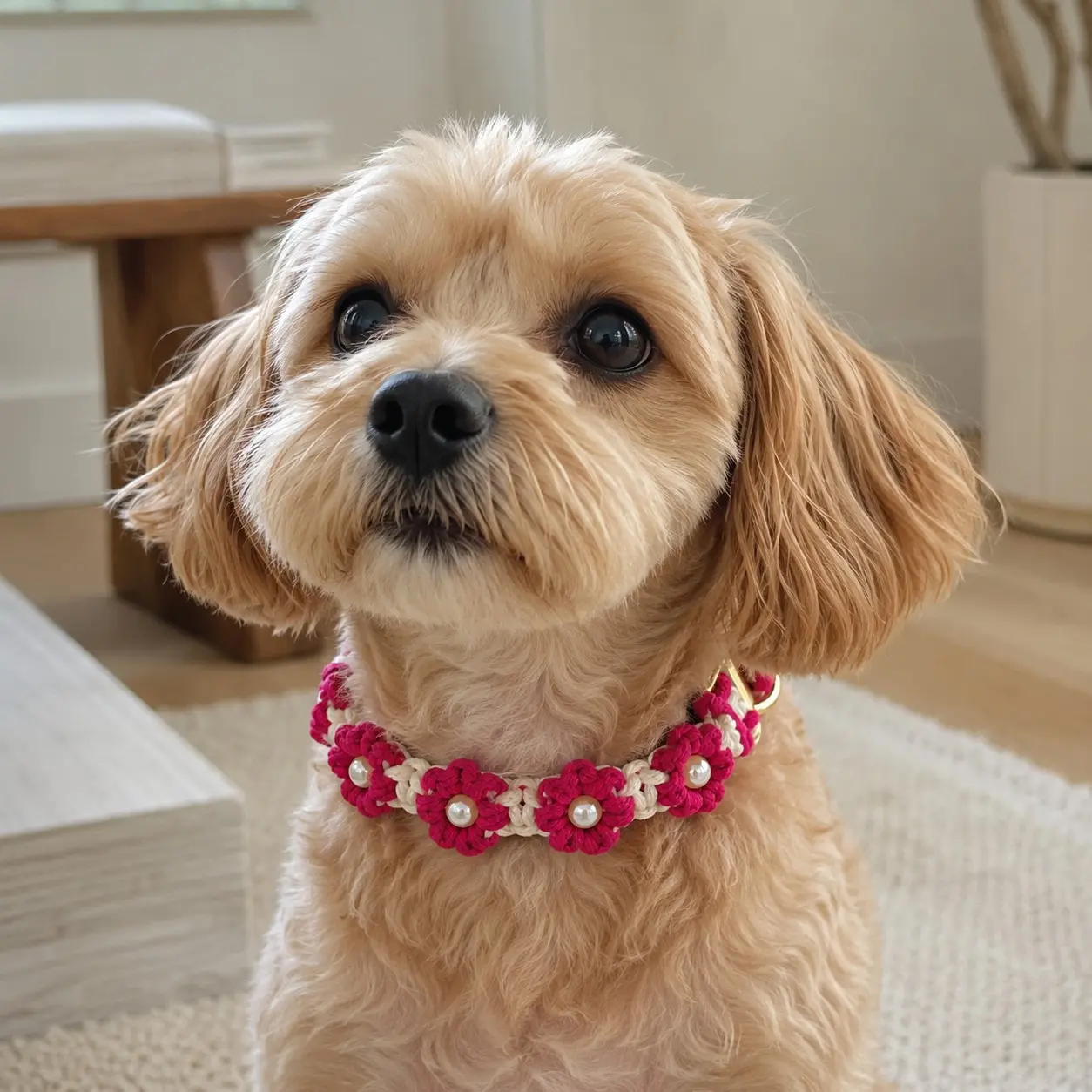 Handmade Crochet Flower Pet Collar, Pearl Center, Adjustable Buckle, Lightweight, Cute, for Cats and Small Dogs, Daily Wear, Parties, Photoshoots