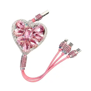 Multi Charging Cable, 3-in-1 Bling Rhinestone Retractable Car Charging Cable with Type-C/Lightning/Micro USB Connectors, Universal Sparkly Car Interior Accessory (Pink)