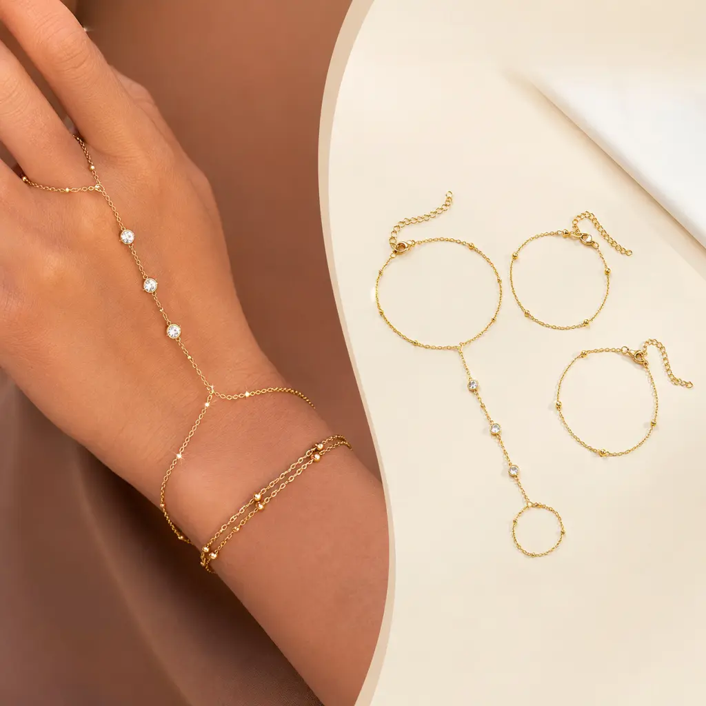 Women's 18K Gold Plated Elegant 3-Pc Layered Hand Jewelry Set - Dainty Adjustable Cubic Zirconia Finger Ring Bracelet, Non-Tarnish Waterproof Stainless Steel Metal Coating, Lab Created Minimalist Everyday Wear Gifts, Gold Braclets, Female Accessory