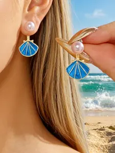 Unique Ocean-Inspired Shell Earrings, Filigree Craft, Glossy Royal Blue Glaze, Pearl Top, Back Pin Design, Versatile Daily Jewelry