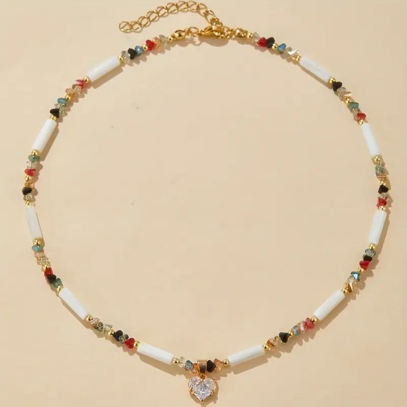 Women's Colorful Bohemian Beaded Pendant Necklace - Heart Letter Charm, Metal-Coated Bright Colored Jeweled Alternative Fashion Jewelry Accessory for Daily Lightweight Wear, Bright Colored Necklaces