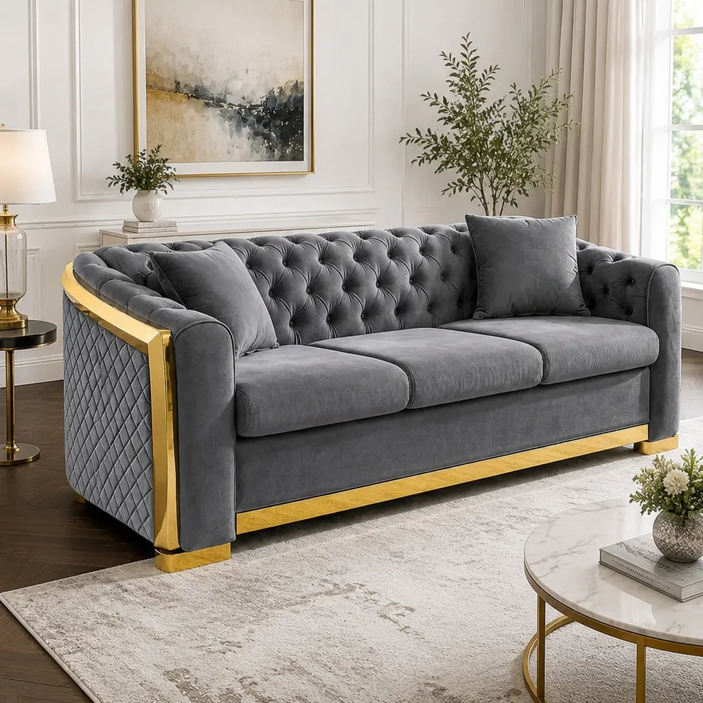 ARCH Velvet Luxury Chesterfield 3-Seat Sofa for Living Room - 84 in Sofas Living Room, Grey Fabric, Medium-Soft Foam, Tufted Back, Rolled Arms, Gold Stainless Steel Legs, European Style, Wood+Stainless Steel Frame, Combo Item, Living Room Couches