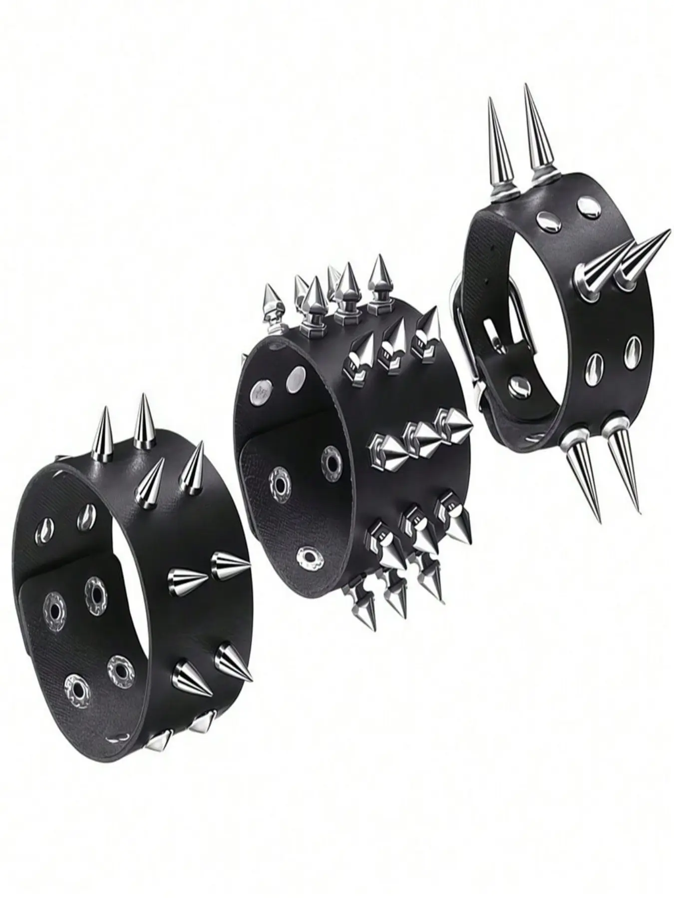 3PCS PU Leather Punk Cuff Bracelet Set with Multi-Size Silver Cone Spikes, Adjustable Gothic Style Rock Biker Wristbands (Thin, Medium & Wide Width), Unisex Streetwear Jewelry for Men Women, Ideal for Halloween, Rock Concert & Birthday Gift