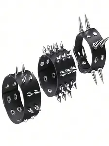 3PCS PU Leather Punk Cuff Bracelet Set with Multi-Size Silver Cone Spikes, Adjustable Gothic Rock Biker Wristbands (Thin, Medium & Wide Width), Unisex Streetwear Jewelry for Men Women, Ideal for Halloween, Rock Concert & Birthday Gift