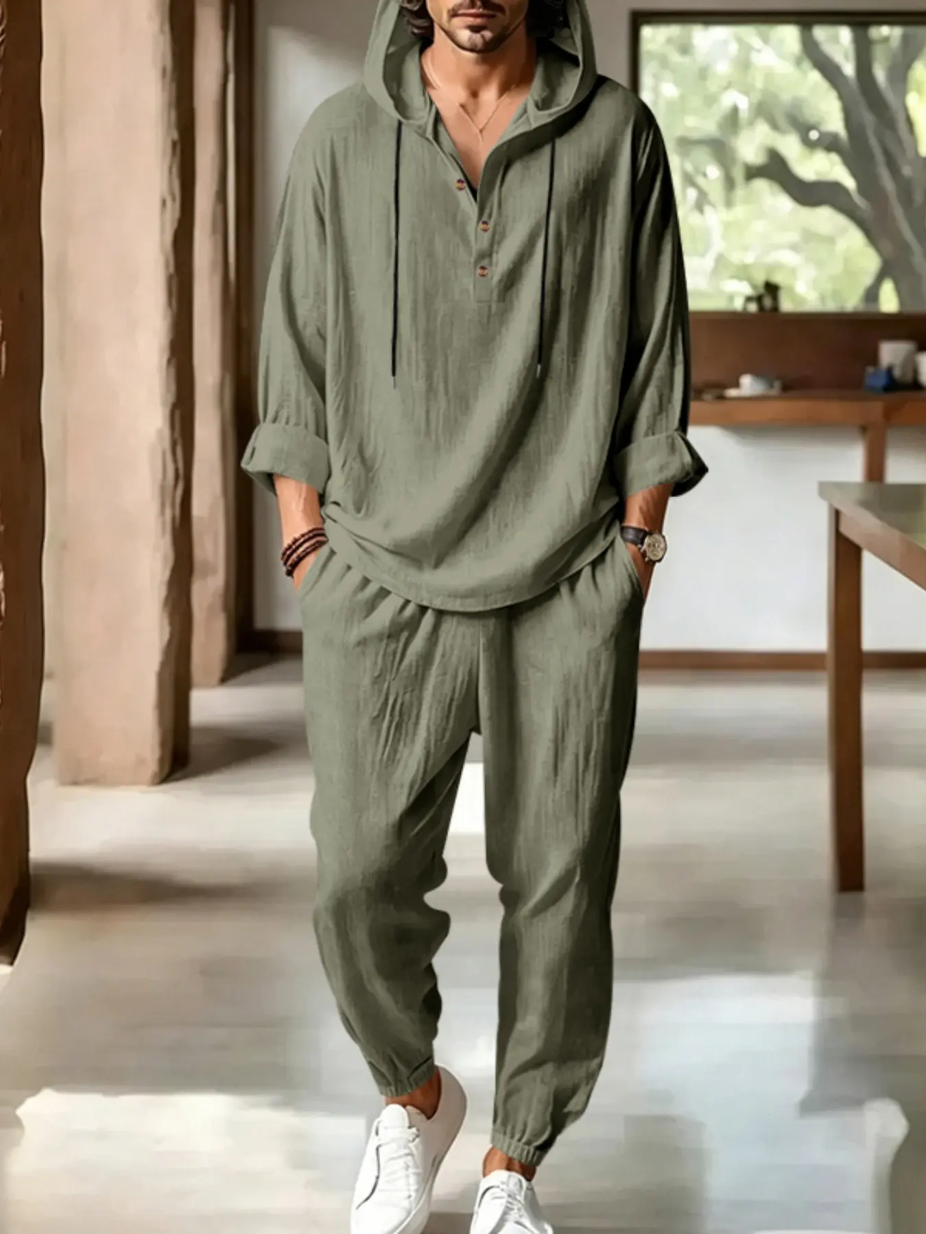 Men's Comfortable Cotton-Linen Hooded Pajama Set, Soft Long Sleeve Casual Home Wear, Daily Comfort Sleepwear