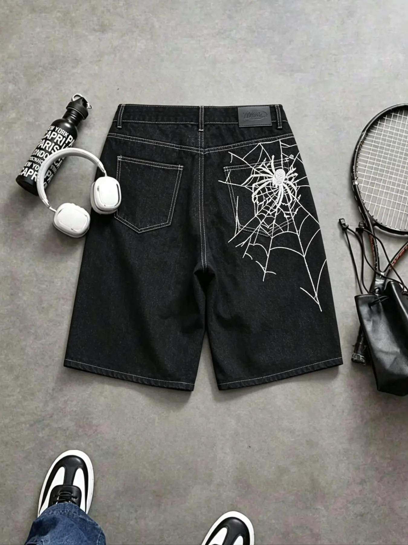 Men's Spider Embroidered Wide-Leg Denim Shorts, Casual Loose-Fitting Cut, New Arrival High-Street Style, Unlined