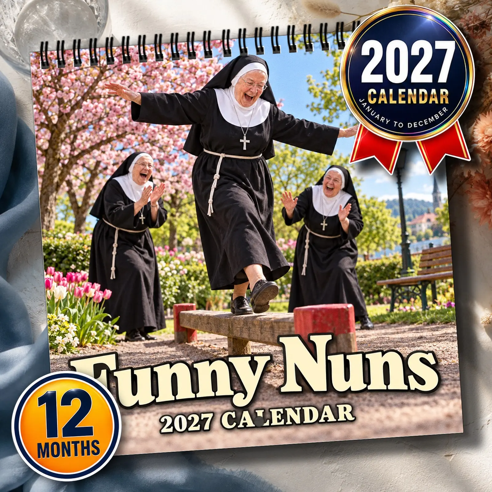 Funny Nuns 2027 Wall Calendar, Garden Balance Games beneath Pink Blossoms, Bowling, Tangled Yarn & Laughing Sisters, Halloween & Christmas Gift for Religious Humor Fans