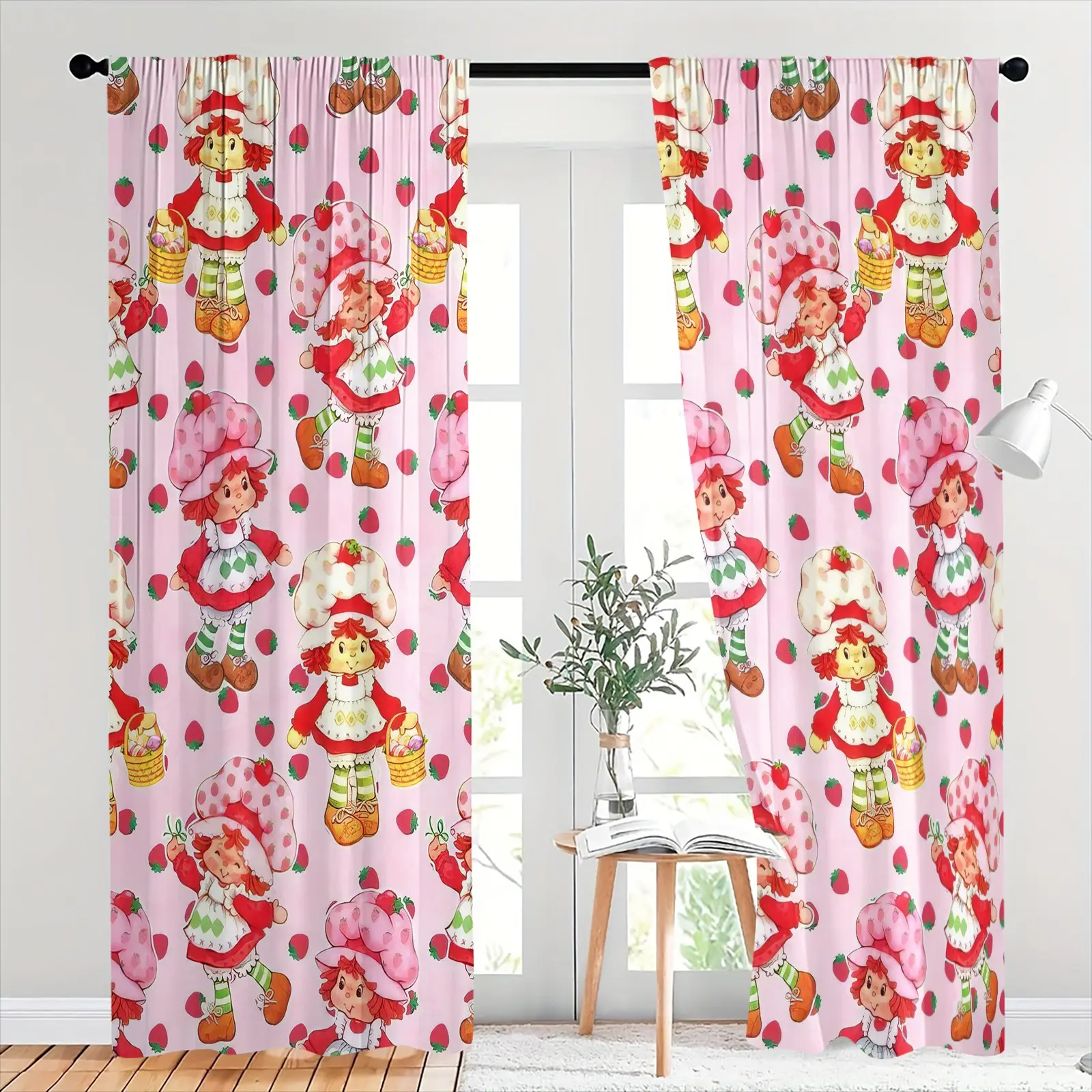 Soft Rod Pocket Brushed Fabric Curtains Set of 2,  Strawberry Cartoon  Fruit Light Pink Print Curtains, Machine Washable Rod Pocket Drapes for Girls Playroom, Tiny House, Daycare Decor Curtains, Curtain Panels