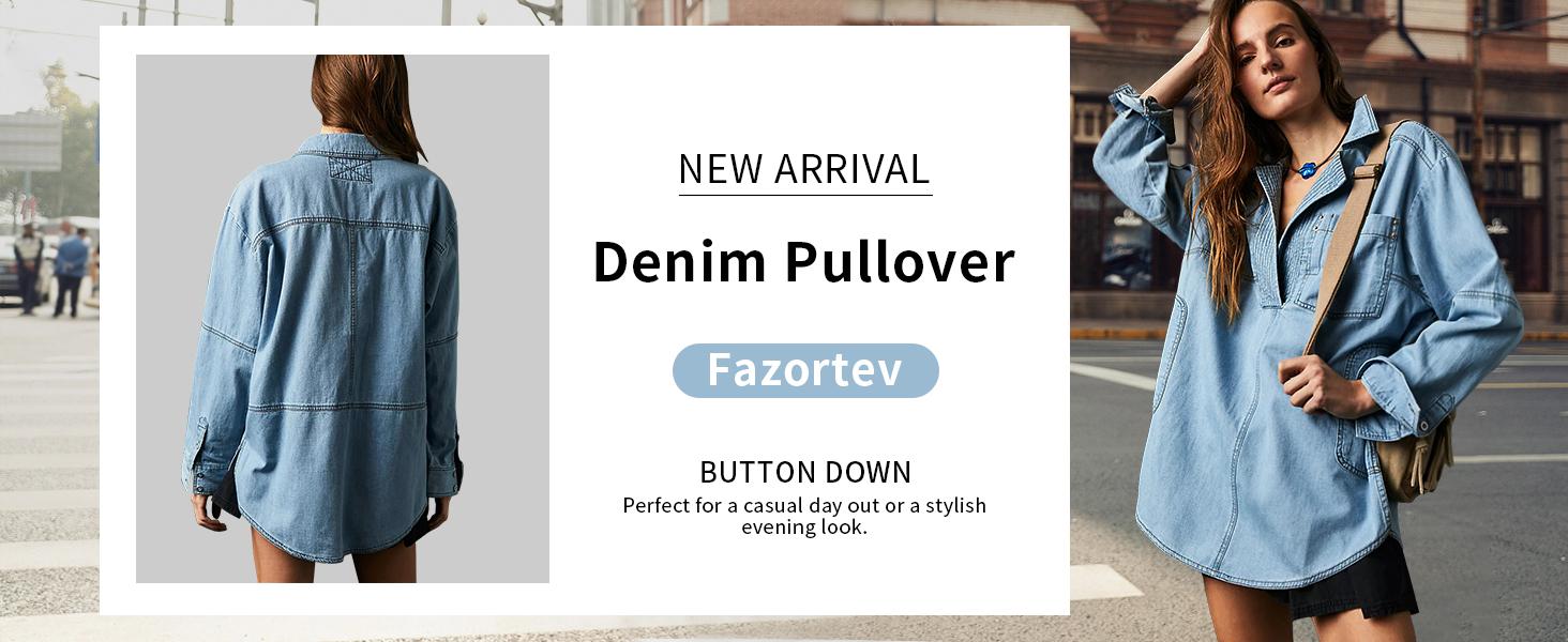 FMEYOA Women's Denim Pullover Casual Button V Neck Blouse Loose Fit Long Sleeve Jean Jacket with Pocket