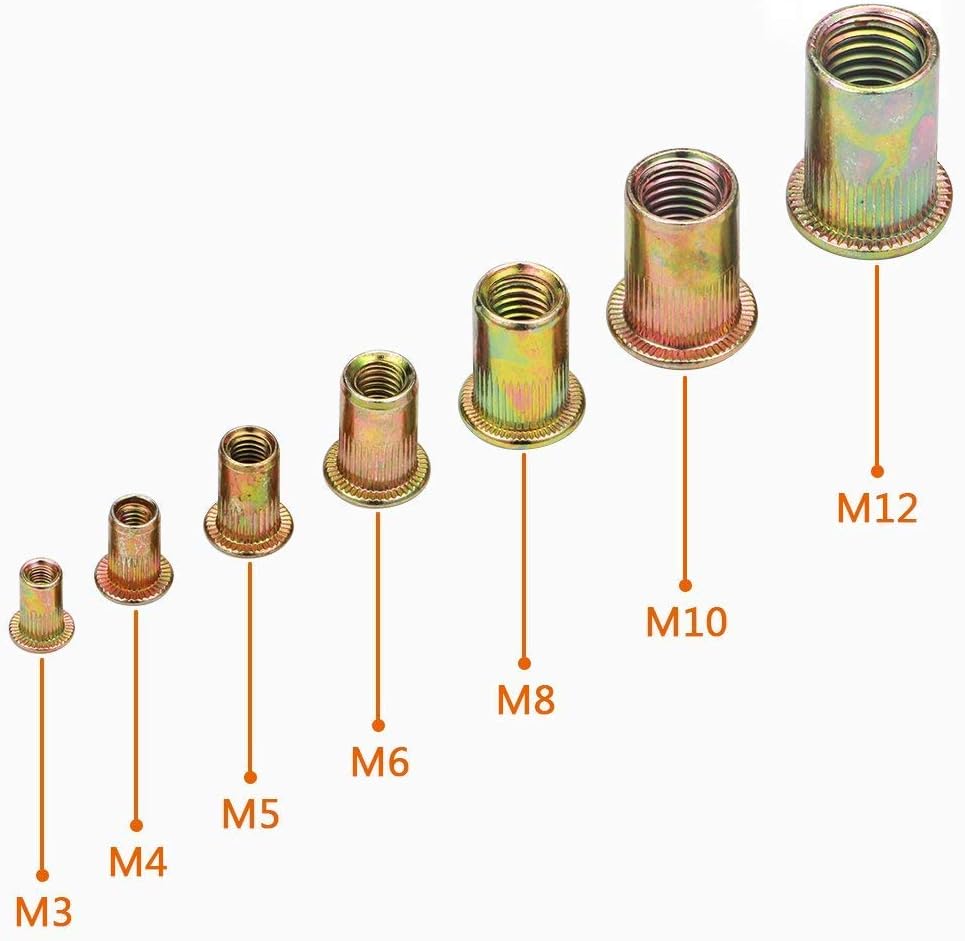 175 count Metric Rivet Nut Kit Carbon Steel Flat  Threaded Insert Nut Assorted in M3 M4 M5 M6 M8 M10 M12, Knurled  (Rivet Nut Kit 1)