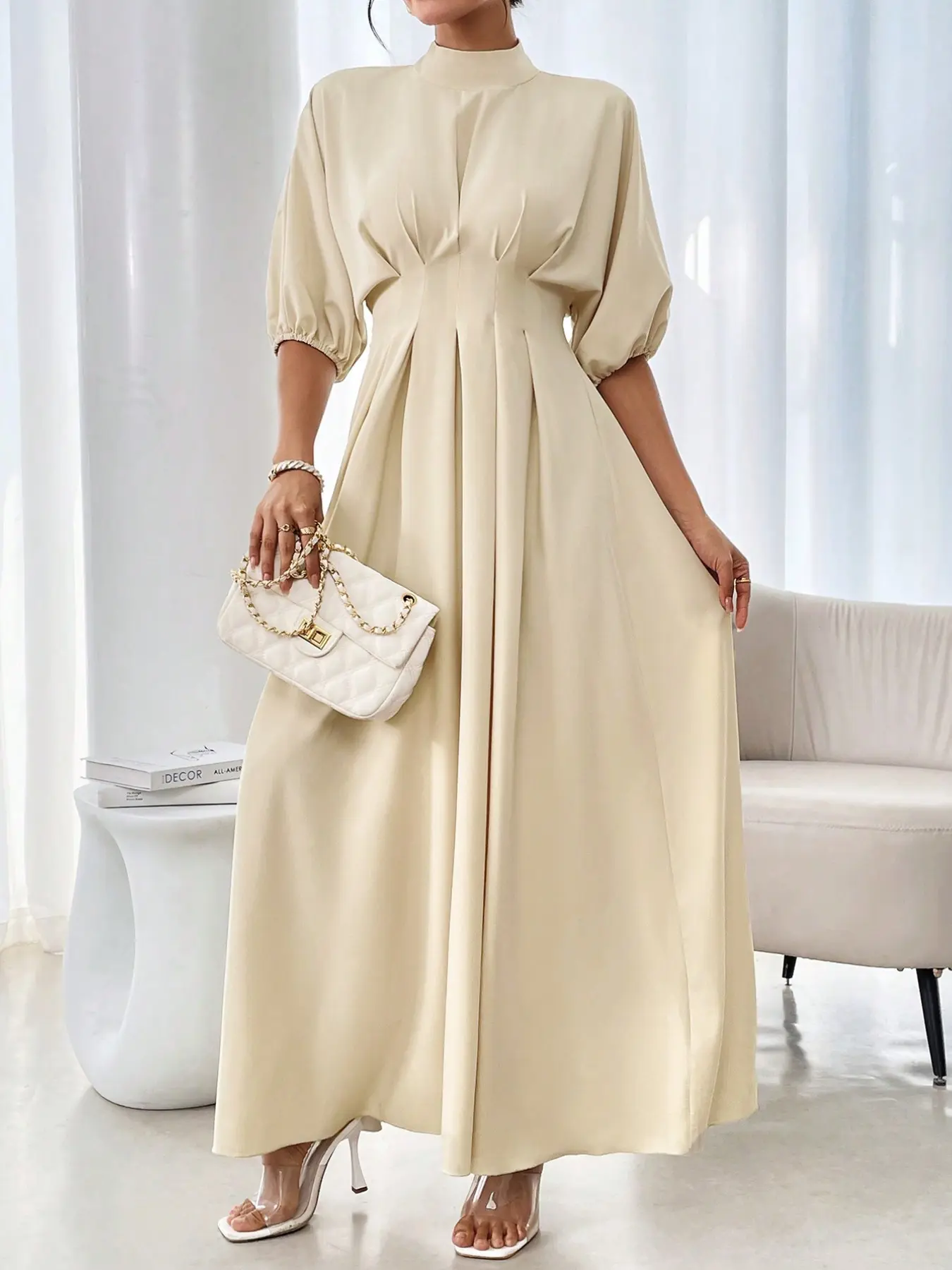 Women's Pleated Waist Stand Collar Seven-Quarter Bubble Sleeve Long Dress, Elegant Formal Party Evening Gown, Wedding Guest Commute Versatile