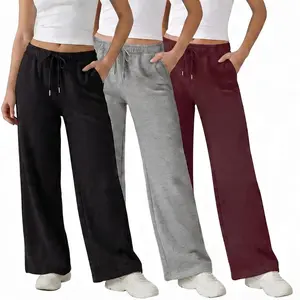 3 Pack Wide Leg Fleece Lounge Sweatpants for Women - Deep Pockets, Relaxed Fit, Elastic Drawstring Waist
