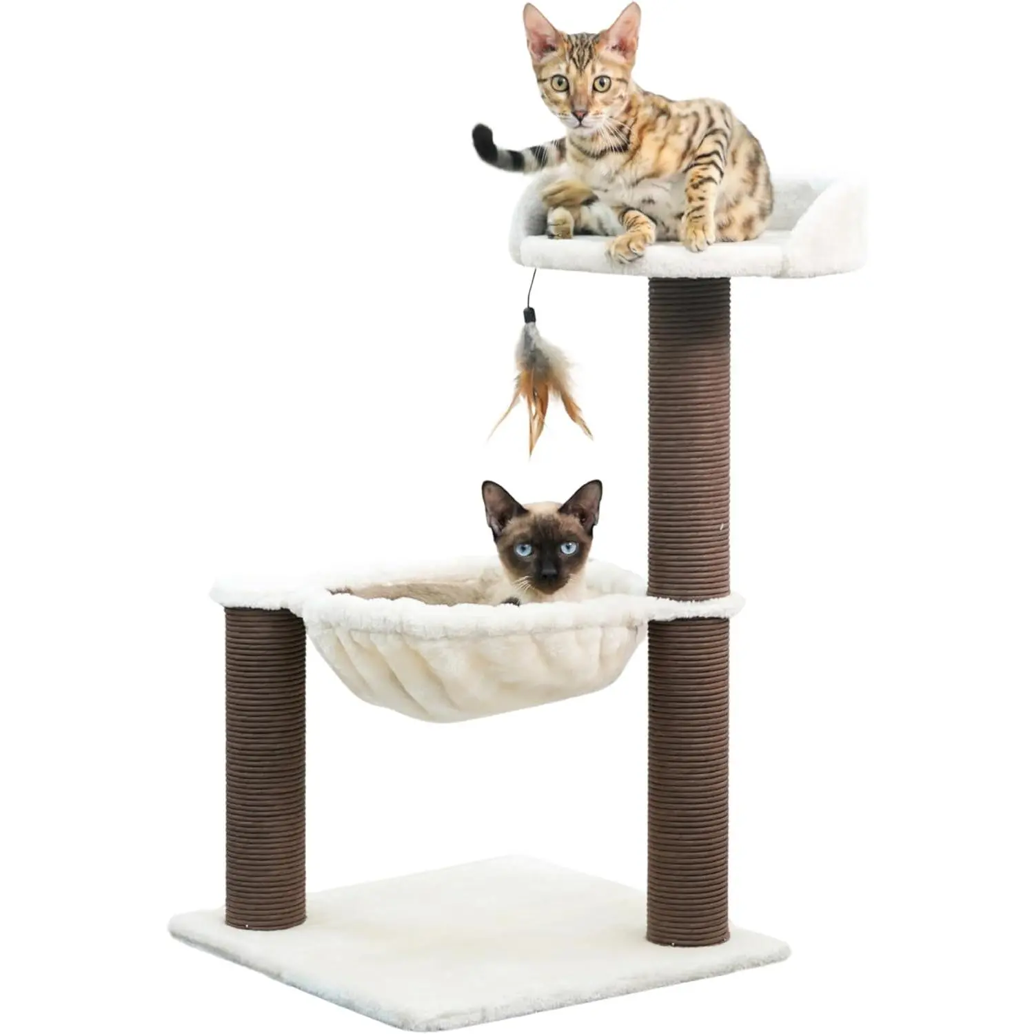 Beige Minimalist Neutral Tones Premium Quality Kitten Tree - 3 Paper Rope Scratching Posts, 13-in W Plush Perch, 27.8-in Soft Hammock, Unique Design Cat Furniture for Climbing, Provides Rest, Assembly Required for Small Kittens