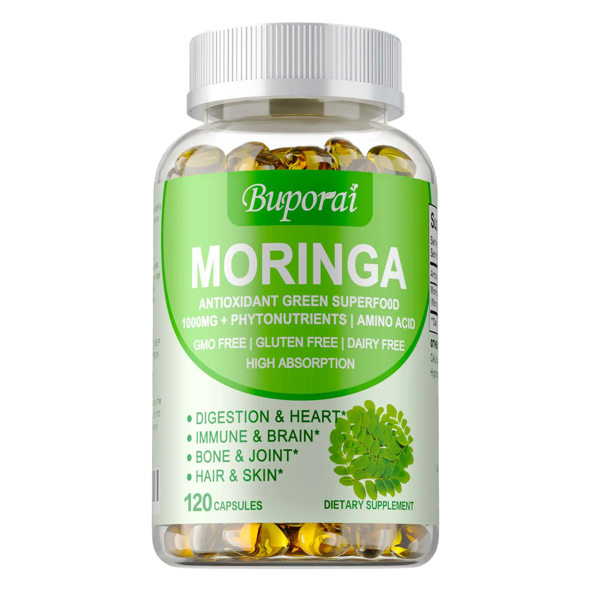 Buporai - Moringa Leaf Extract Vegetarian Capsules - 120 capsules per bottle - Enriched with natural extracts - Contains multiple phytonutrients - High absorption rate - Suitable for both men and women