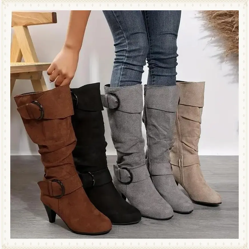 Women's Slouch Knee High Boots, Buckle Strap Side Zipper High Heeled Boots, Comfortable Suedette Long Boots