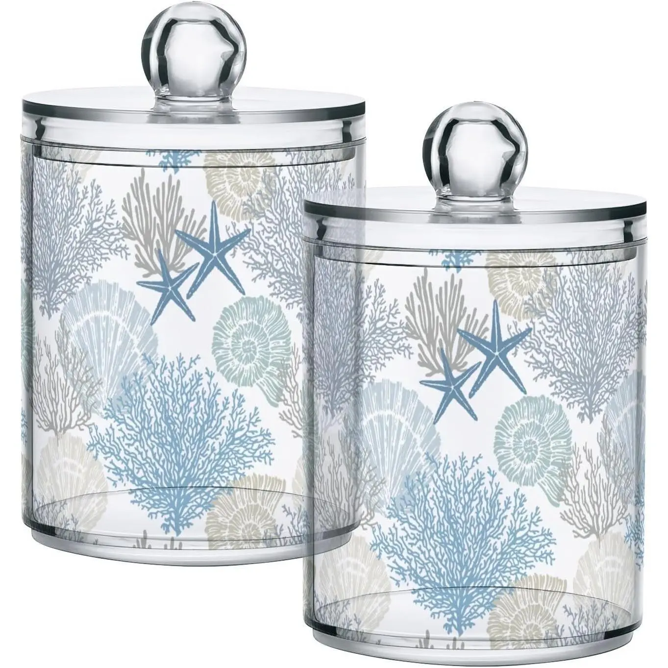 Beach Coastal Starfish Bathroom Canister Set of 2 Seashell Coral Qtip Holder Clear Plastic Jars Dispenser Bathroom Organizer Storage Jars with Lids Home Decor