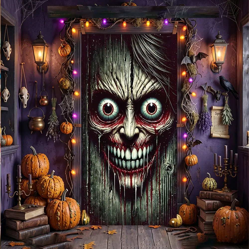 Horrifying Bleeding Cracked Monster Face Halloween Front Door Banner, Perfect as Halloween Decorations, Haunted House Prop, Party Backdrop, Yard Decor, Photography Background, Porch Sign, Window Display, Ideal for Creating Spooky Atmosphere at Halloween P
