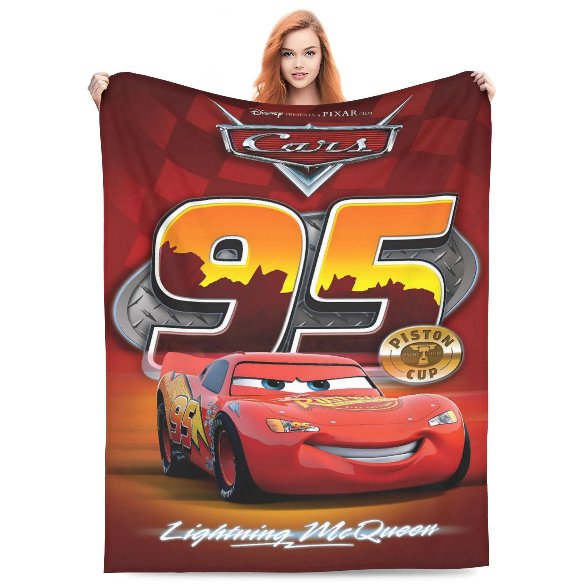 DISNEY CLASSIC Cars Lightning McQueen 95 Throw Blanket, Red Checkered Piston Cup Racing Cartoon Print Flannel Fleece Blanket Soft Cozy Blanket for Sofa Bed Gift for Boys Kids Racing Fans