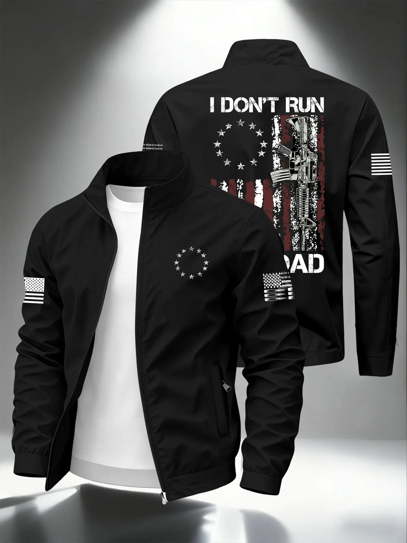 American Tactical Banner Vintage Star Spangled Rifle Print Stand Collar Zipper Jacket, Loose Men's Military Outdoor Commute Casual Coat